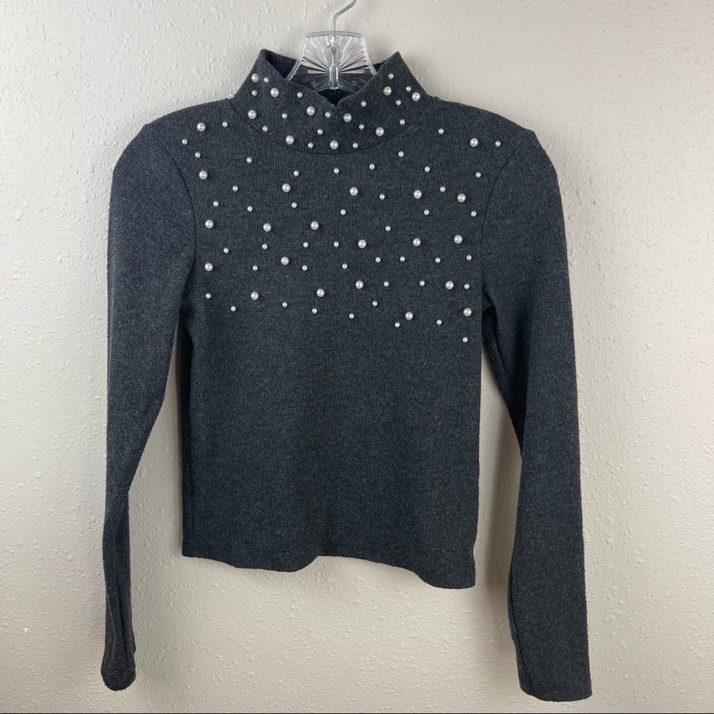 Zara Dark Gray Pearl-Embellished Mock Neck Sweater